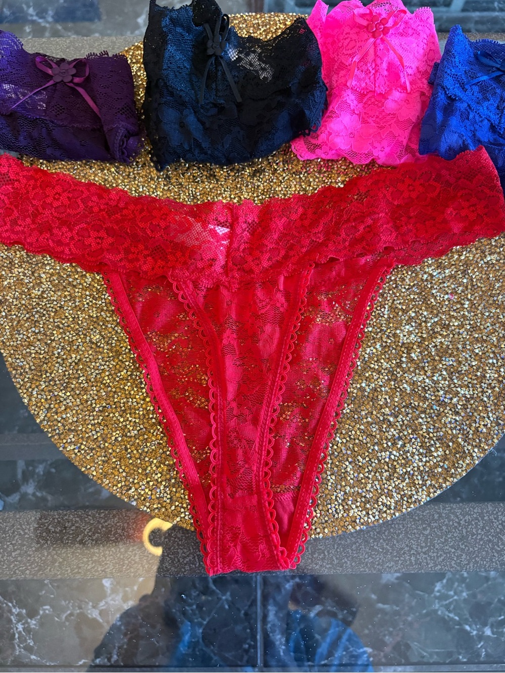 Lace NWT Thong Panties– Red Lace + 4 colors(5 packs)with Decorative Bow - Picture 4 of 14